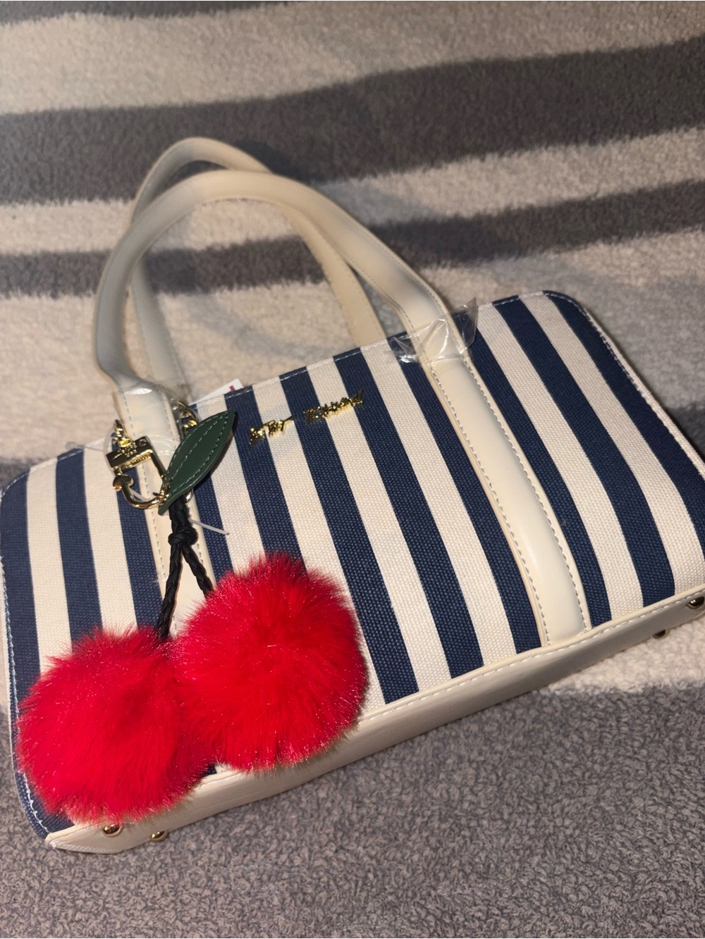 Betsey Johnson Navy & White Striped Shoulder Bag with Red Pom Charm